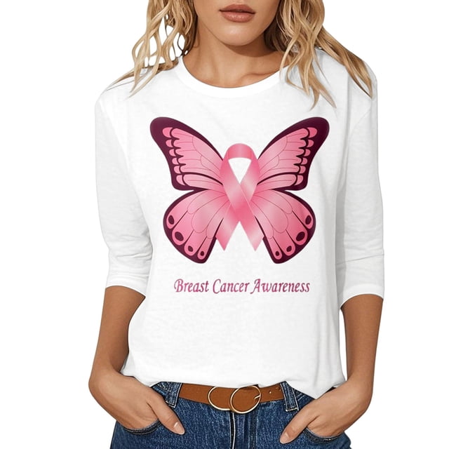 Fgnfyis T-Shirts pour Femmes Sensibilisation au Cancer Hauts Décontractés Col Rond Manches Trois-Quarts Design Imprimé pour Célébrations Quotidiennes Printemps Été Automne Hauts pour Femmes Blanc m