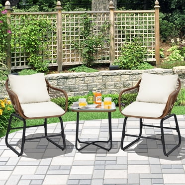 Gymax Ensemble Bistro d'Extérieur 3 Pcs Ensemble de Mobilier de Conversation pour Patio avec Coussins Blancs