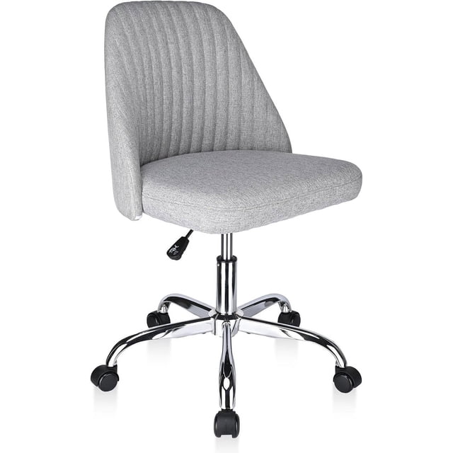 Chaise de Bureau à Domicile Moderne en Tissu de Lin Gris, avec Dossier Mi-Haut et Surpiqûres Verticales, Siège Rembourré Sans Accoudoirs et Fonction Pivotante Réglable. la Chaise Comprend un Coussin en Mousse Douce à Haute Densité pour le Confort, un Siège à Hauteur Réglable Allant de 17,7 à 21,2 Pouces, et une base en Fer Finition Chrome durable avec Cinq Roulettes pour la Mobilité. Convient aux Bureaux à Domicile, Chambres Ou Salles d'Étude.
