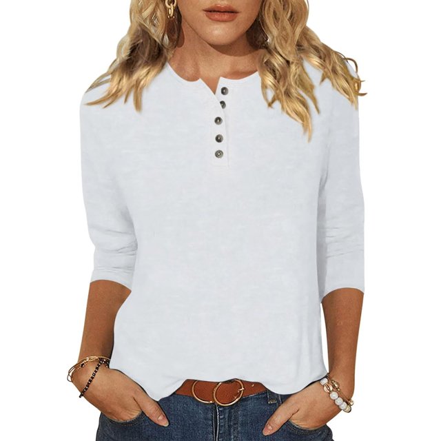 Yuyuzo Womens 3/4 Sleeve Tops Basic Button Crew Neck Solid Color Loose Fitted Tunics Tee Blouses