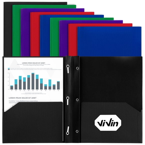Vivin 10-Pack Plastic Folders with 3 Prongs and 2 Pockets, Assorted Colour Lighting Pattern