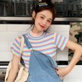 thumbnail image 4 of Women‘s Cute Short Sleeve Turtleneck Color Block Striped Knitted Crop Top T-Shirt, 4 of 7