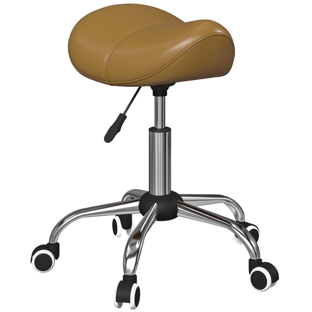 HOMCOM Salon Stool with Wheels, Adjustable Saddle Chair, Light Brown
