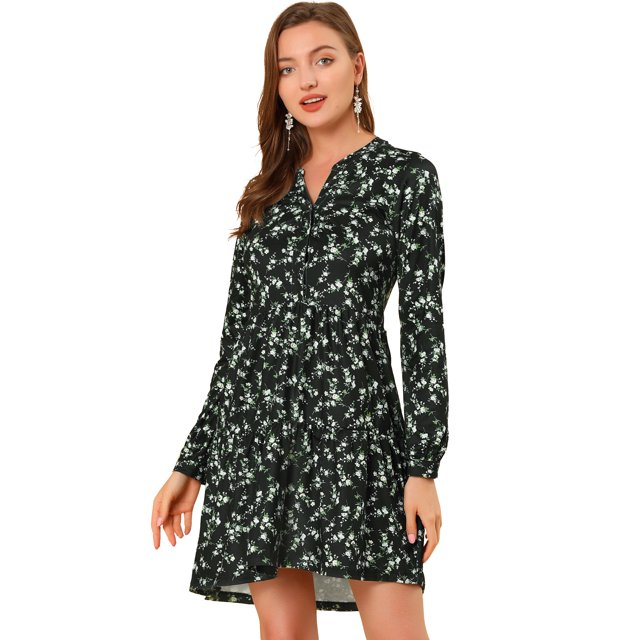 INSPIRE CHIC Robe Décontractée pour Femme à Fleurs, Col en V, Taille Cintrée, Manches Longues