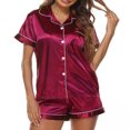 thumbnail image 2 of Women Pajamas Set Short Sleeve Notched Collar Button Down Satin Pjs Sleepwear, 2 of 8