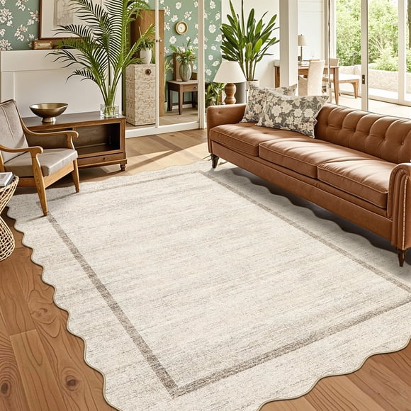Garvee Scalloped Area Rugs Modern Bordered Rug, 8x10 Washable Rugs Non-Slip Non-Shedding Rugs Low Pile Indoor Carpet for Living Room Bedroom Office, Beige
