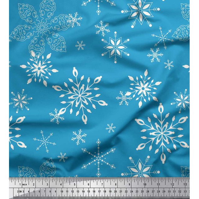 Soimoi Blue polyester Crepe Fabric Snow Flakes Floral Printed Craft Fabric by the Yard 52 Inch Wide