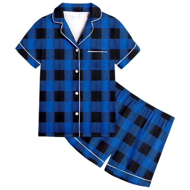 MIASHUI Pyjama pour Enfants Filles Garçons Doux et Confortable à Carreaux Pyjama Ensemble 2 Pcs, Bleu, 6-7 Ans