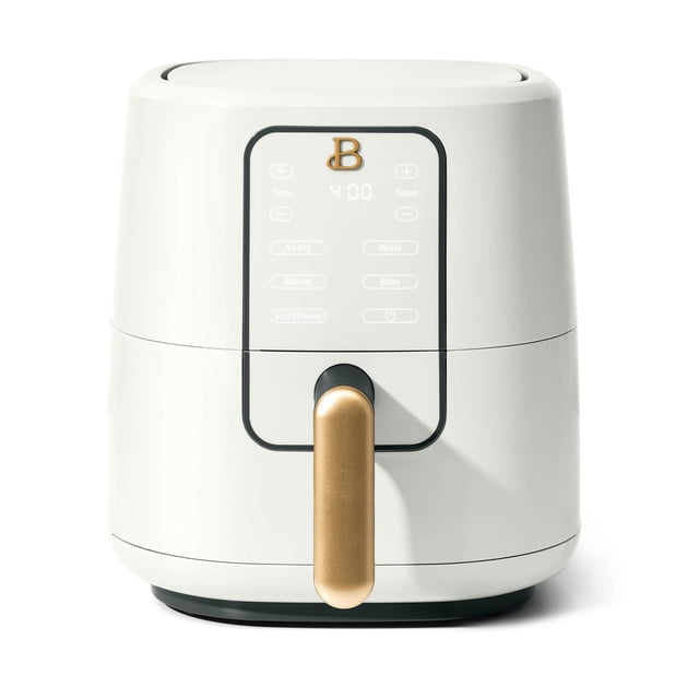 Beautiful 3Qt Air Fryer with TurboCrisp Technology by Drew Barrymore, a compact white matte digital air fryer with a gold handle and touch screen panel featuring presets for air fry, roast, bake, and reheat, ideal for small kitchens and countertop use with easy dishwasher-safe parts.