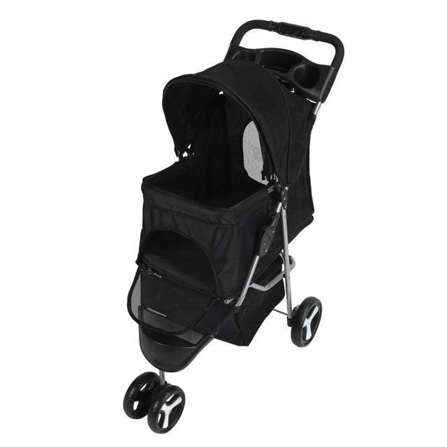 Foldable Breathable Pet Stroller with Storage Basket, Cup Holder, for Outdoor, Visible Mesh