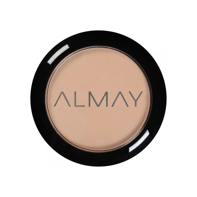 Almay Pressed Powder Makeup in a round black compact with clear lid showing beige pressed powder and Almay logo, a hypoallergenic, oil-free setting powder that mattifies skin and controls shine for lightweight, portable touch-ups.
