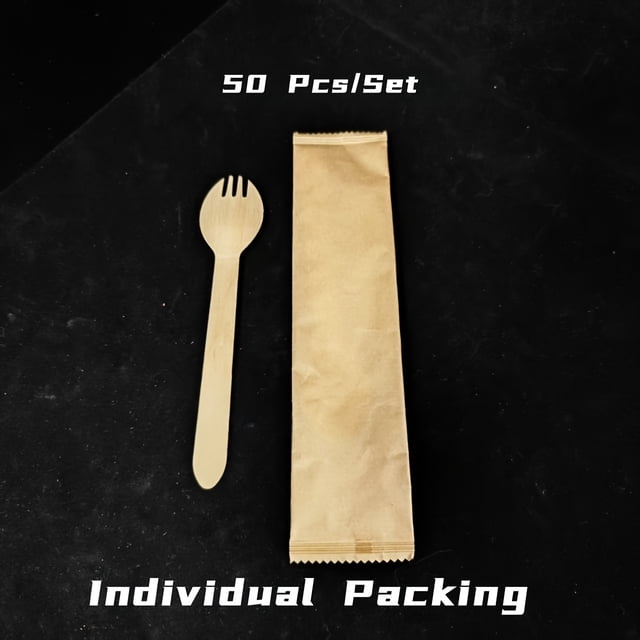 YOPTOP 100pcs Wooden Disposable Cutlery (100pcs) - Fork and Spoon Integrated Individually Wrapped in Kraft Paper for Parties Picnics and Events,50 Pcs/Set