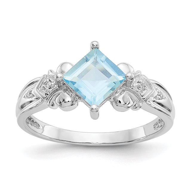 Bague en Or Blanc 10K avec Aigue-Marine et Diamant