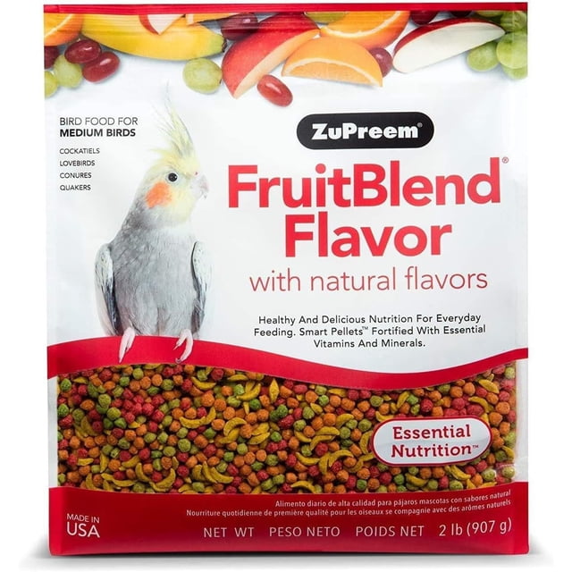 Zupreem FruitBlend Flavor Food For Medium Birds in a 2 lb (907 g) bag with colorful fruit-shaped pellets in red, green, and yellow, providing essential nutrition with natural flavors for cockatiels, lovebirds, conures, and quakers, suitable for daily feeding of indoor birds.