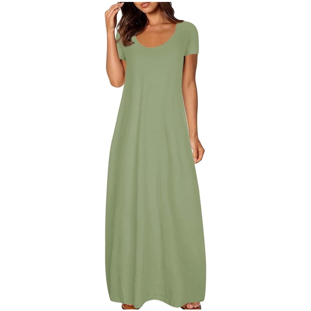 Annhoo Robes d'Été Grande Taille pour Femmes Col Rond Manches Courtes Robe Maxi Décontractée Ample Couleur Unie Longue Robe