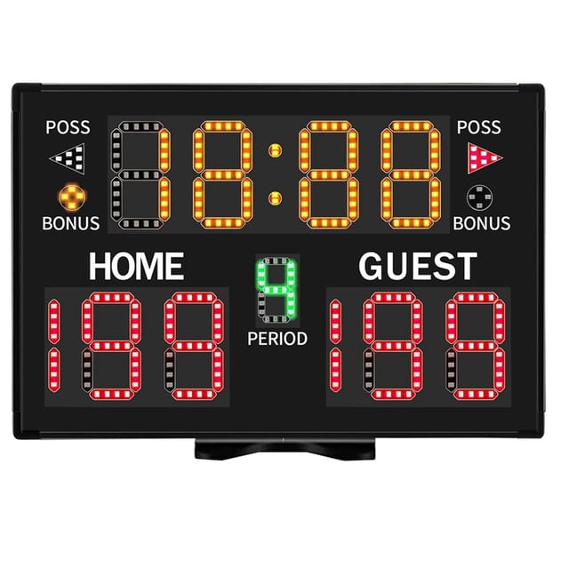 Electronic Basketball Scoreboard, Portable Digital Scoreboard With Remote for Multisports Indoor Outdoor US Plug front-facing black LED scoreboard with large 3-inch game timer and 1.8-inch score digits plus period, poss and bonus indicators; ABS housing with small fold-out table stand, included mounting brackets and remote control visible; five brightness levels, visible to about 70 ft, battery-powered with US plug charging; often used for practice drills and gym timing.