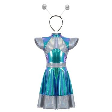 iiniim Kids Girls Halloween Alien Cosplay Dress With Hair Hoop Outer Space Cutie Costume Rave Party Fancy Dress Up Silver 16