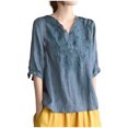 thumbnail image 1 of Pisexur Haut à Manches Courtes à Col Rond Brodé Rétro à la Mode pour Femmes, Hauts pour Femmes, Blouses Habillées Décontractées, Hauts pour Femmes Bleu, 2TG, 1 of 4