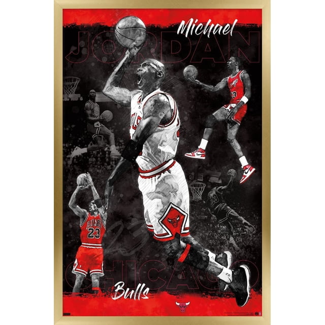 Michael Jordan' Michael Jordan - Affiche Murale de Croquis, 22,375 Po x 34 Po Encadrée, Présentant de Multiples Croquis de Michael Jordan en Chandails Rouges et Blancs Chicago Bulls Exécutant des Mouvements de basketball comme des Coups de Coude et des Tirs, Ensemble sur Fond Rouge et Noir avec Texte Audacieux « » et « Bulls », Convenant à une Déco Murale à Thème Sportif.