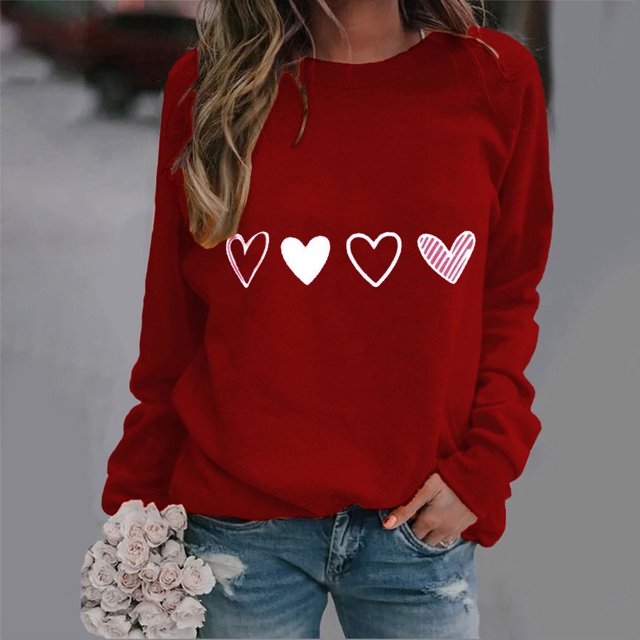 Styesk Chandails à Manches Longues pour Femmes, Imprimé de Cœur, Hauts de Sortie, T-Shirts Confortables et Doux à Col Rond, Chandail à Enfiler, Mode, Ample, Léger, Chandail en Molleton, Graphique de la Saint-Valentin, Hauts Décontractés
