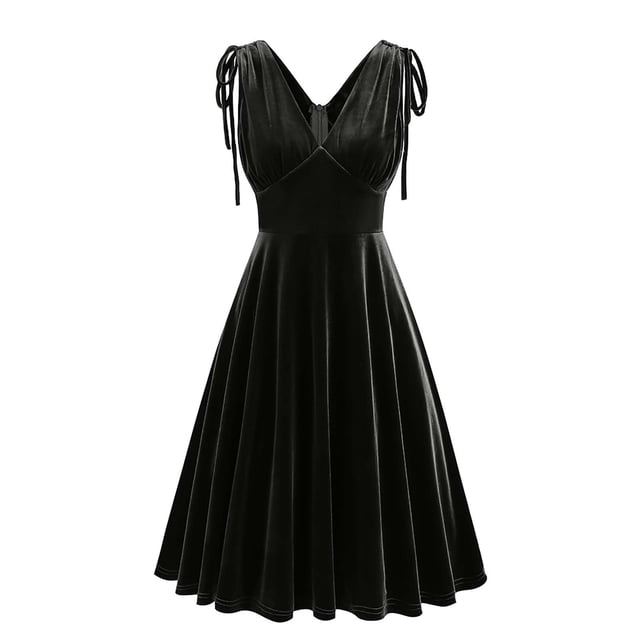 Penkiiy Robe pour Femme à Col en V Sans Manches Style Rétro en Velours Doré de Couleur Unie Robe Formelle m Noir