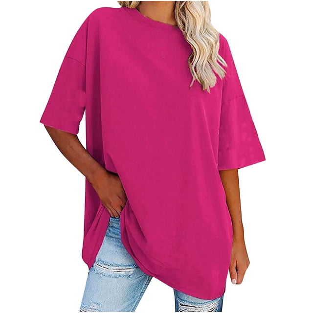 Plebaso T-Shirts Surdimensionnés pour Femmes 2025 Manches Courtes Hauts Amples Col Rond Décontracté Uni T-Shirts Basiques pour Femmes