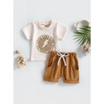 thumbnail image 2 of Faithtur Toddler Boys Summer Outfit Sets Short Sleeve Letter Pattern Print Tops + Brown Drawstring Shorts, 2 of 8