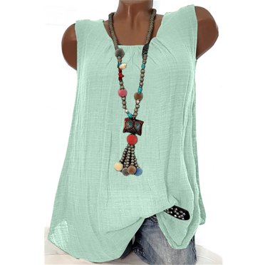 UPPADA Camisole pour Femmes 2025 Été Gilet en Lin Grande Taille Sans Manches Camisole Coupe Ample Débardeurs d'Entraînement Couleur Unie Camisole Décontractée Camisetas para Mujer de Algodon, Bleu Clair-Petit