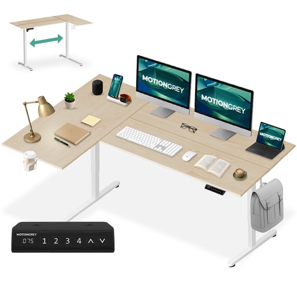 MotionGrey Ergo Pro Reversible L Shape Electric Standing Desk, 4 Memory Settings, 59" x 39" Light Brown Top White Frame, Ergonomic Home Office Desk w/ Mousepad, Cup Holder & Hooks