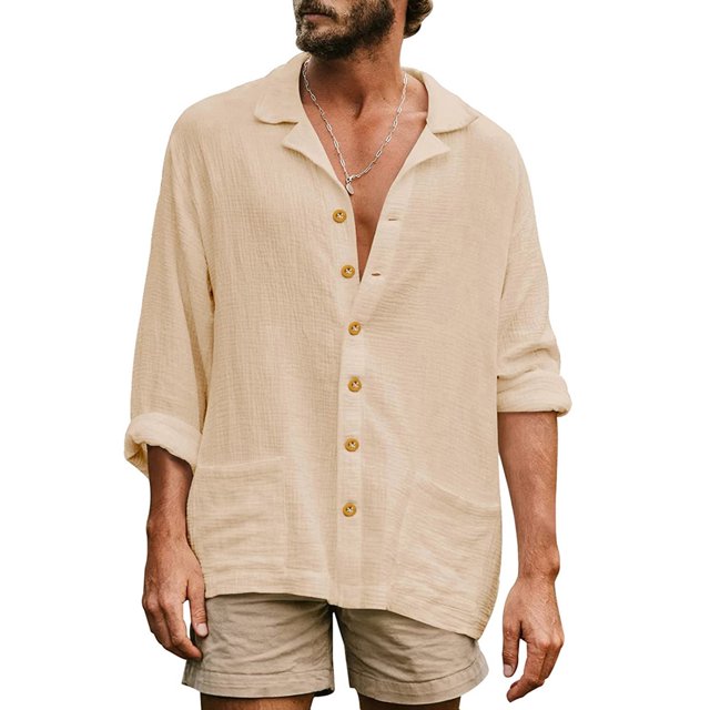Kmbangi Men Long Sleeve Shirts Solid Color Loose Casual Button down Tops with Pockets Spring Clothes for Beach Streetwear