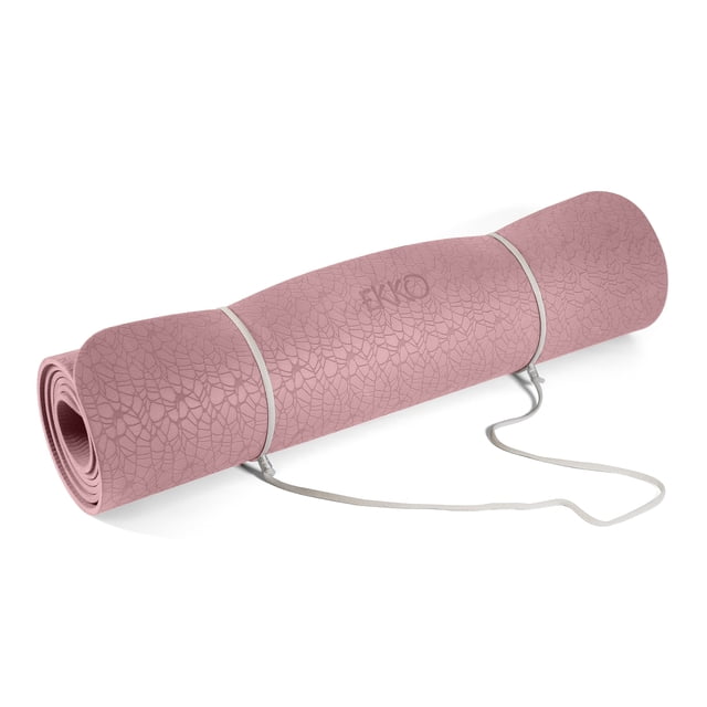 PurEarth EKKO Tapis 6 mm rose Beige, Tapis de yoga Éco-Confort Roulé avec Motif de Feuille Texturé et logo EKKO Embossé, Fabriqué à Partir de TPE recyclable, Décomposable, Doté d'Un design à Cellules Fermées Résistant à l'Humidité et Antibactérien et d'Un Cordon de Transport Gris Pâle, Idéal pour le yoga et la Mise en Forme.