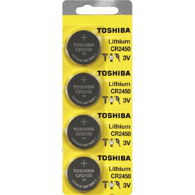 Toshiba CR2450 3 Volt Lithium Coin Battery pack containing 40 batteries. The image shows a close-up of the packaging with four visible coin batteries arranged vertically on a yellow background. Each battery is labeled with 'Toshiba CR2450 3V Lithium Battery.' Suitable for devices like watches, electronic organizers, keyless remotes, and more.