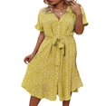 thumbnail image 2 of Femmes Bouton vers le Bas Midi Robe à Manches Courtes Imprimé Floral Ceinture en Vrac Robe Chemise Jaune M, 2 of 8