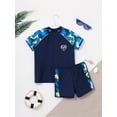 thumbnail image 3 of Zaldita Boys Short Sleeve Printed Rash Guard Two Pieces Swimsuit Set Summer Beach Bathing Suit Navy Blue& Yellow XL, 3 of 7