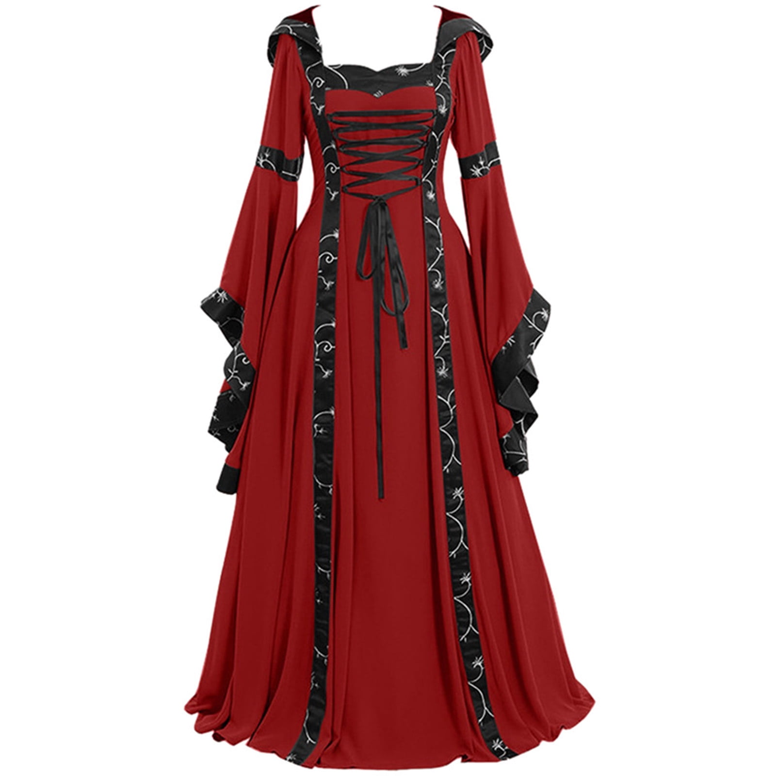 Robe de Bal Princesse Rétro en Dentelle à Manches Évasées pour Femmes, Robes Gothiques, Médiéval Renaissance Victorien, Robe en Dentelle, Robe Maxi, Costume d'Halloween, Rouge, P
