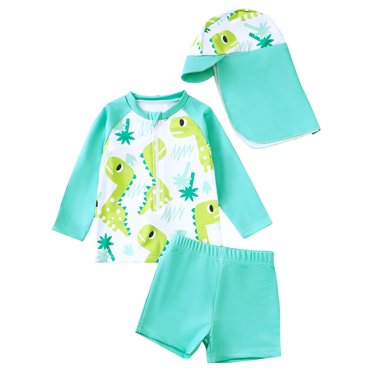 Splozh Boys Swim Set Toddler Boys Baby Boys Swimsuit Long Sleeve Rash Guard Swimwear Baby Boy Swim Trunk with Hat 3 Piece Toddler Bathing Suit Mint Green,18-24 Months