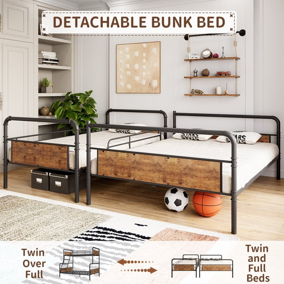 Heavy Duty Metal Bunk Bed Twin Over Full – Angled Ladder – High Guardrails – Under-Bed Storage – Rounded Edges – Space-Saving Bedroom Furniture – For Kids, Teens, Adults – Black + Classic Color