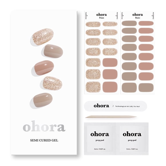 ohora Semi Cured Gel Nail Strips (N Carmel) - Nude Glitter Works with Any UV/LED Nail Lamps Salon-Quality Long Lasting Easy to Apply & Remove - Includes 2 Prep Pads Nail File & Wooden Stick