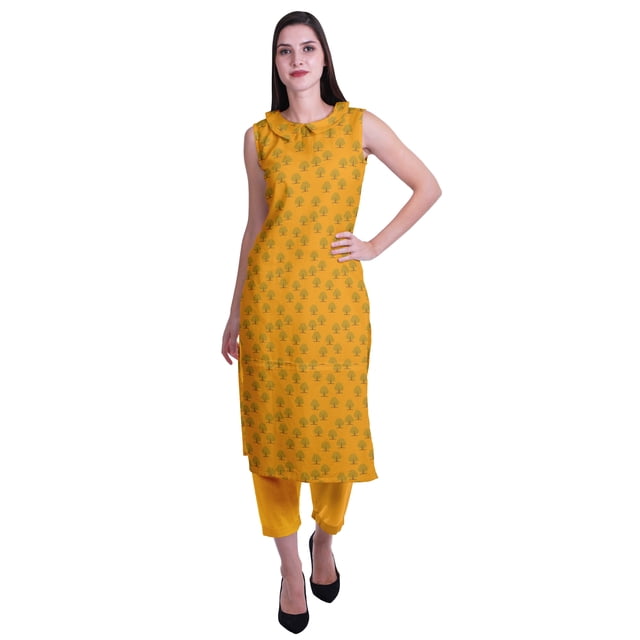 Moomaya Kurta Sans Manches à Col Peter Pan avec Pantalon Ensemble Ethnique 2 Pcs pour Femmes