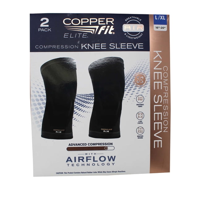 Copper Fit Elite Compression Knee Sleeve with Airflow Technology in a 2-pack, size L/XL, designed for advanced compression and support. The packaging highlights features such as breathable fabric, 4-way stretch, and moisture-wicking properties. Suitable for knee support and comfort.