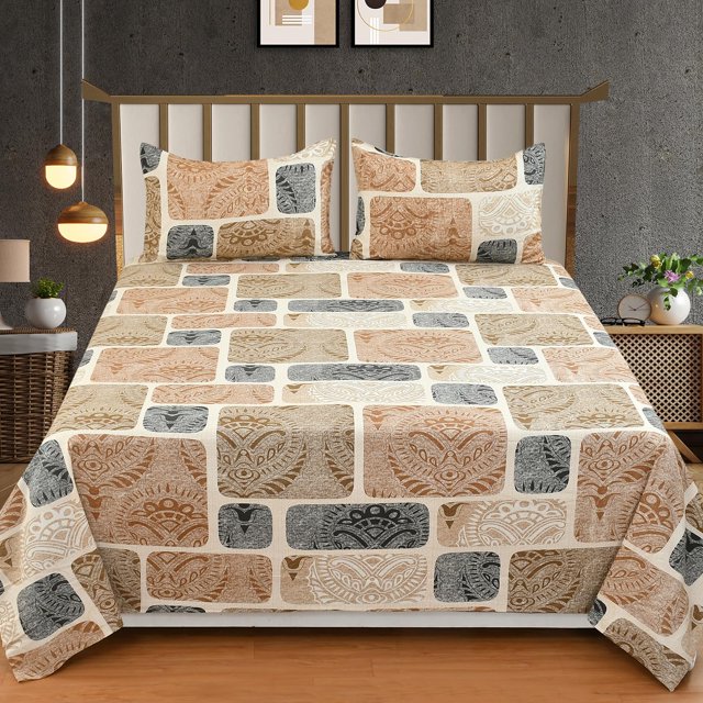 100% Pure Cotton Double Bedsheet With 2 Pillow Covers - 90 X 90 Inches, Brown & White. This sheet set features a geometric block pattern in shades of brown, white, and grey, complemented by matching pillow covers. Made from breathable, skin-friendly cotton, it offers a soft and cozy feel. Ideal for double beds, queen-size beds, or standard king-size beds, with fade-resistant colors that maintain vibrancy after multiple washes.