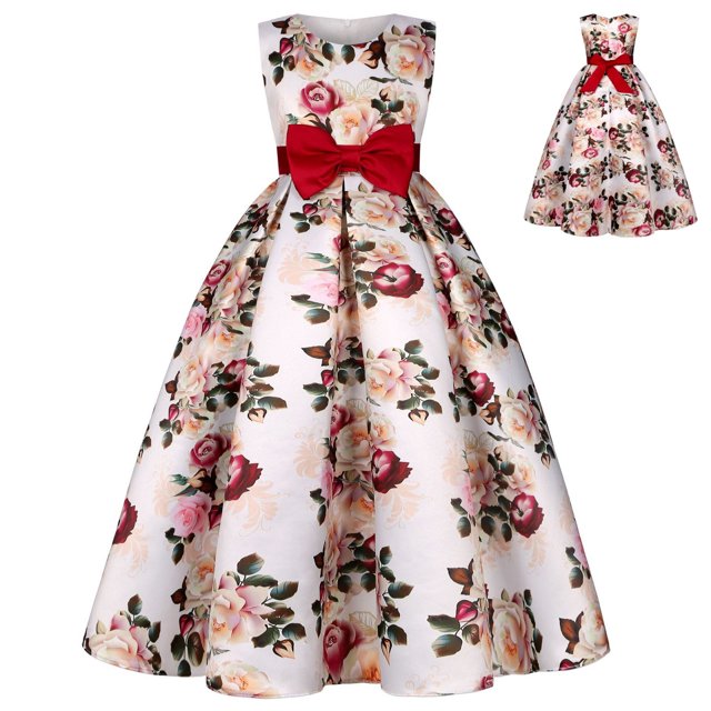 Penkiiy Robe Fleurie Filles Sans Manches Coton Imprimée Robes 7-8 Ans Rouge