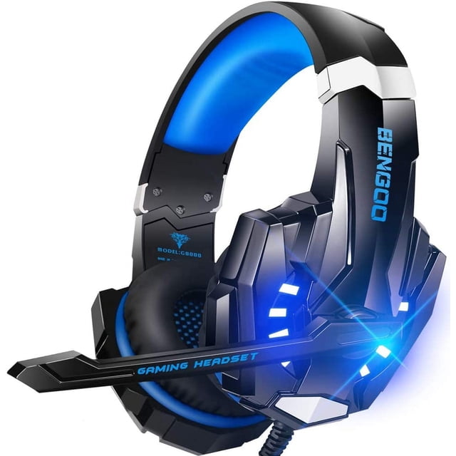 APPIE G9000 Stereo Gaming Headset with a striking black and blue design, glowing LED lights, and ergonomic features like an adjustable headband and soft memory foam earmuffs. Includes a flexible noise-cancelling microphone, bass surround sound, and in-line audio controls for immersive gaming on PS4, PC, Xbox One, PS5, and other platforms.