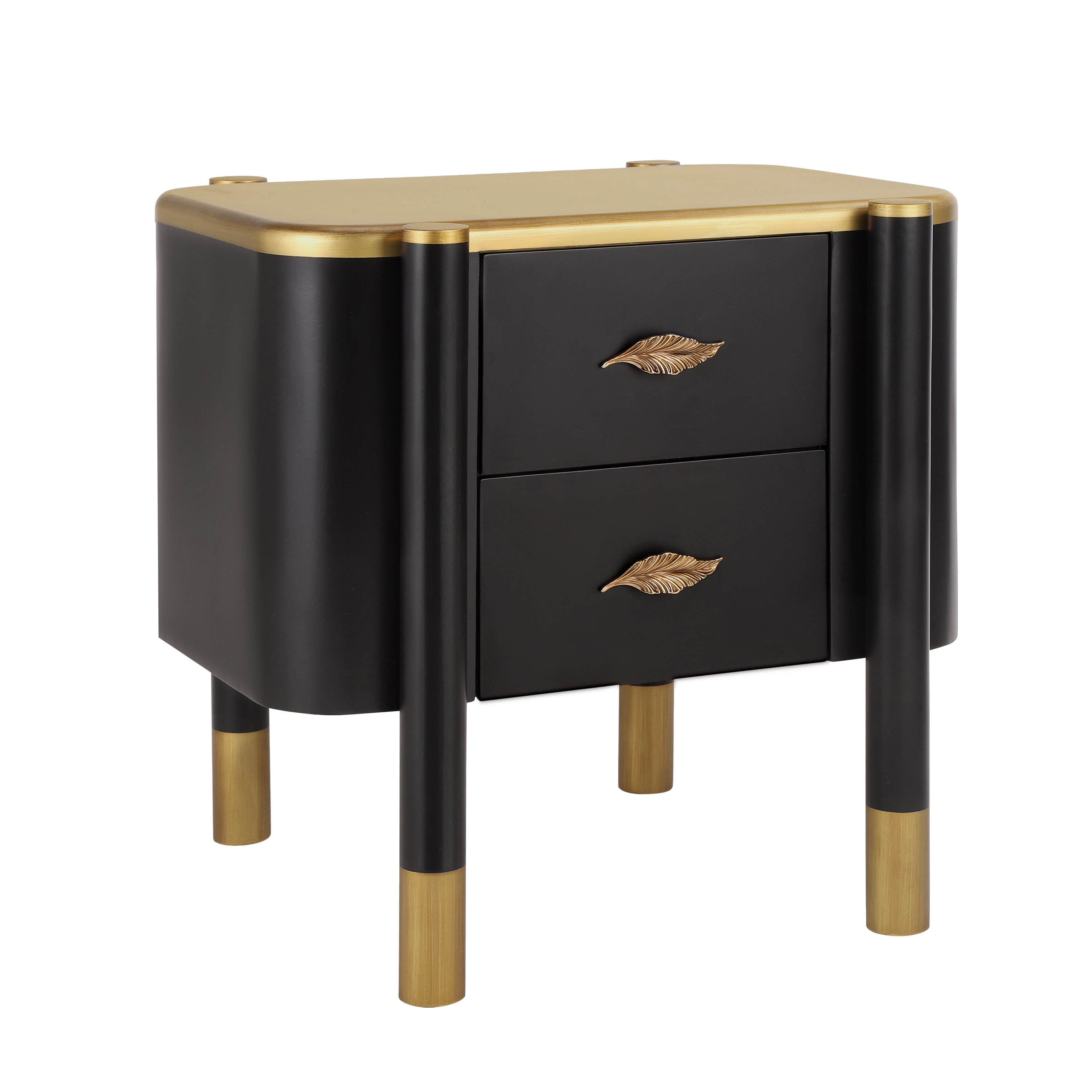 Noble House Contemporary Nightstand with 2 Drawers,Curved Profile Design & Feather-Shaped Metal Handles,for Bedroom,Black