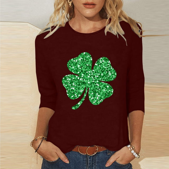 St. Patricks Day Ladies' St. Patricks Day Printed Round Neck Three Quarter Sleeve 3/4 Sleeve T-Shirt Loose Top