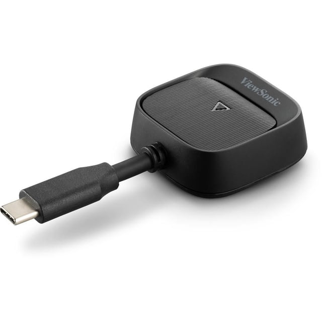 ViewSonic WPD-900 Appareil de Moulage Sans Fil Noir, Présentant un design Rectangulaire compact avec des Bords Arrondis et une surface Texturée. l'Appareil Comprend un Connecteur USB-C Attaché via un Court Câble, Convient au Partage d'Écran et aux Présentations Sans Couture.