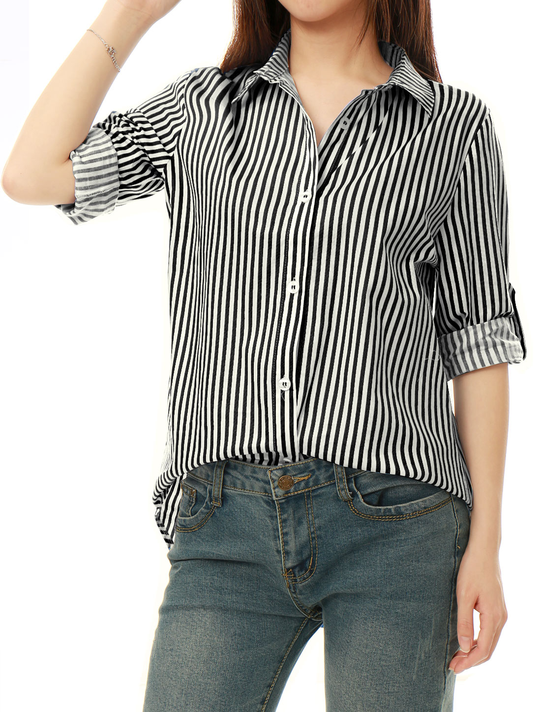INSPIRE CHIC Chemises à Col à Revers pour Femmes, Boutonnées, Manches Longues Retroussables, P Noir