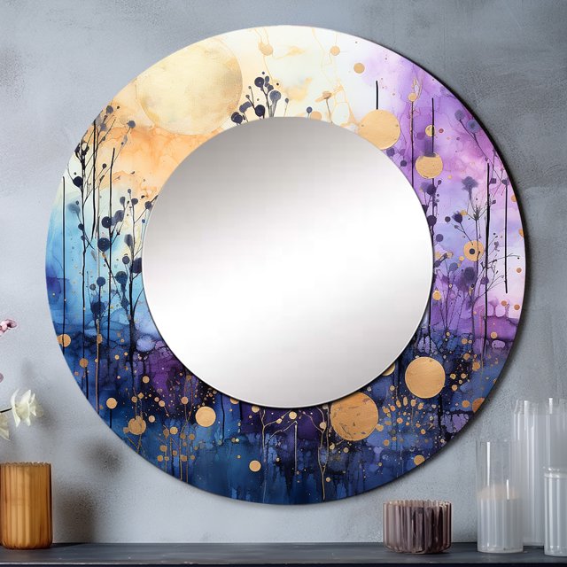 Designart "Celestial Charm II" Collages Abstraits Miroir Rond pour Décoration Murale - Grand Miroir Rond Imprimé Bleu - Miroir Rond Côtier 29 Pouces x 29 Pouces Pouces