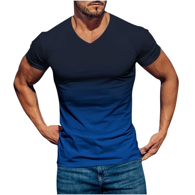 LSLJS Mens Gradient Print T-Shirt Fitness Muscle Short Sleeve Shirts V-Neck Athletic Pullover Top