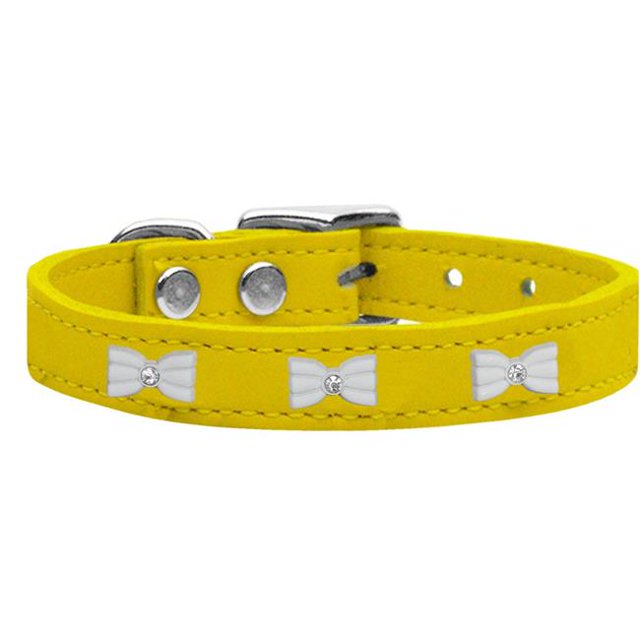 White Bow Widget Genuine Leather Dog Collar Yellow 22